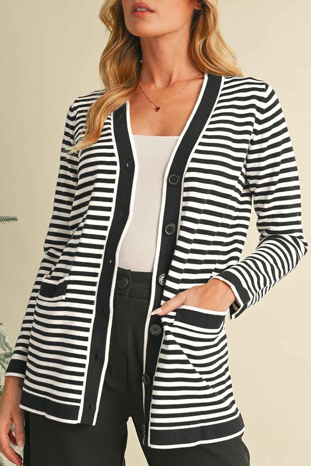 K.B. Shaws: Black Striped Pocketed Button Long Cardigan