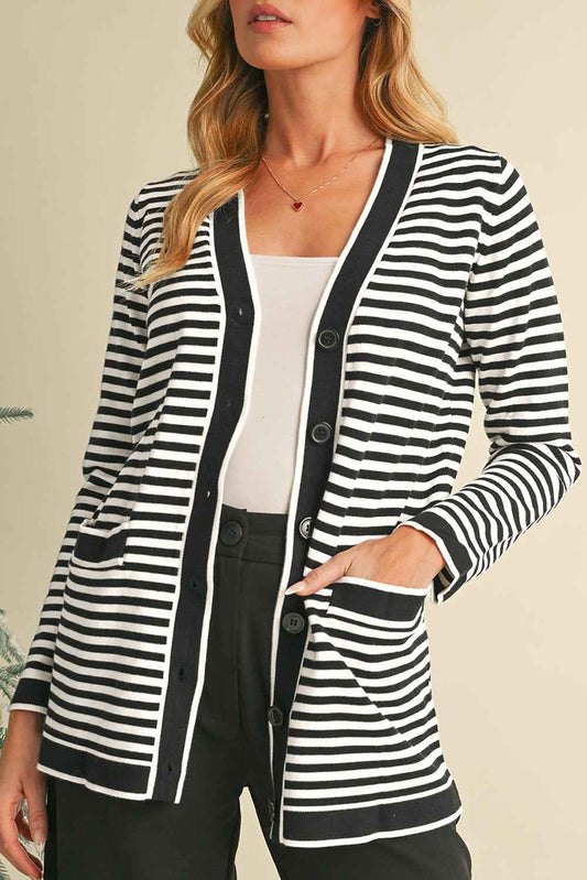 K.B. Shaws: Black Striped Pocketed Button Long Cardigan