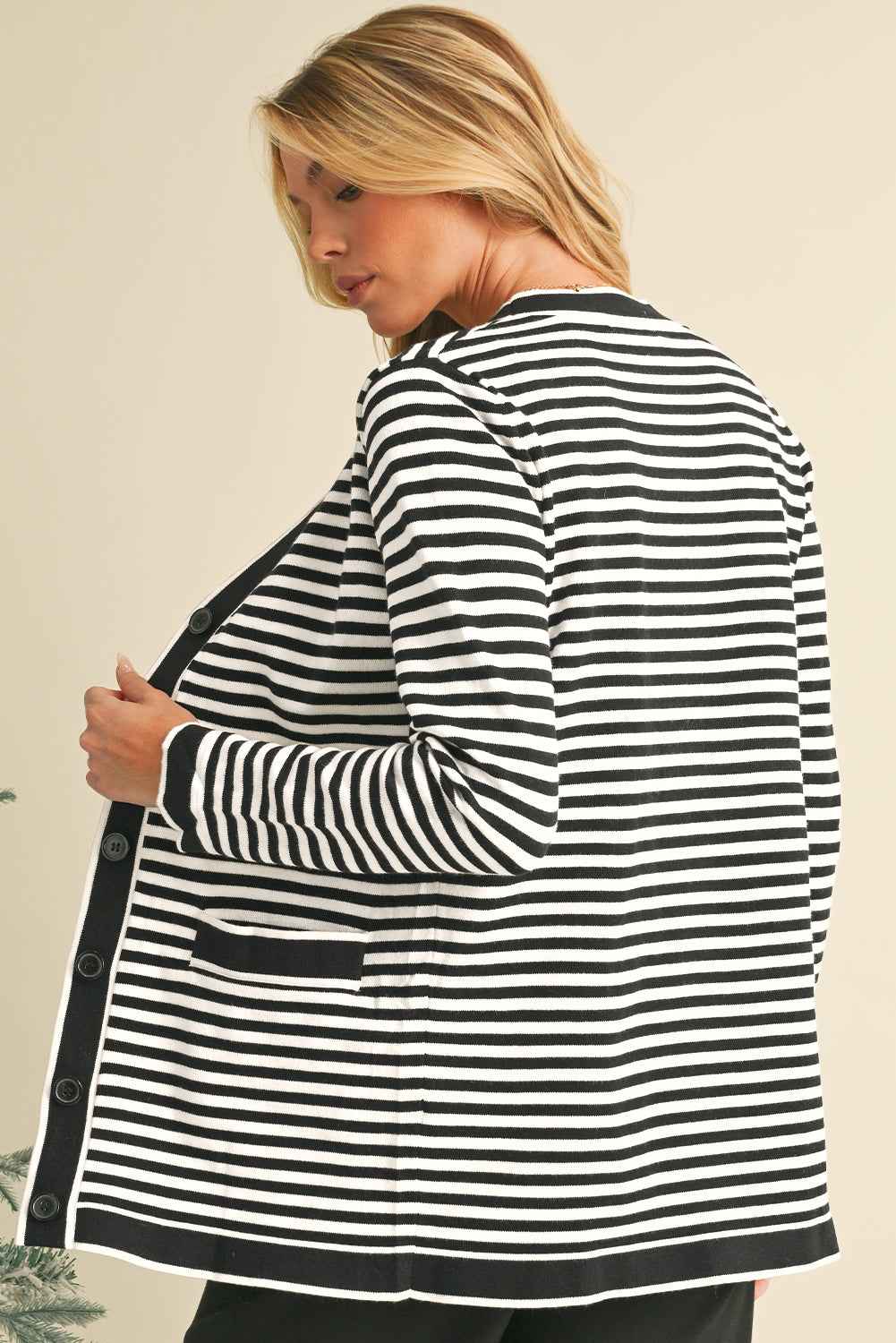 K.B. Shaws: Black Striped Pocketed Button Long Cardigan