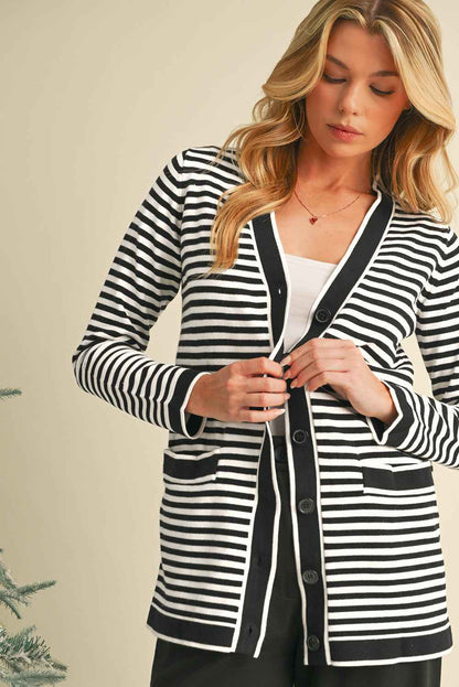 K.B. Shaws: Black Striped Pocketed Button Long Cardigan