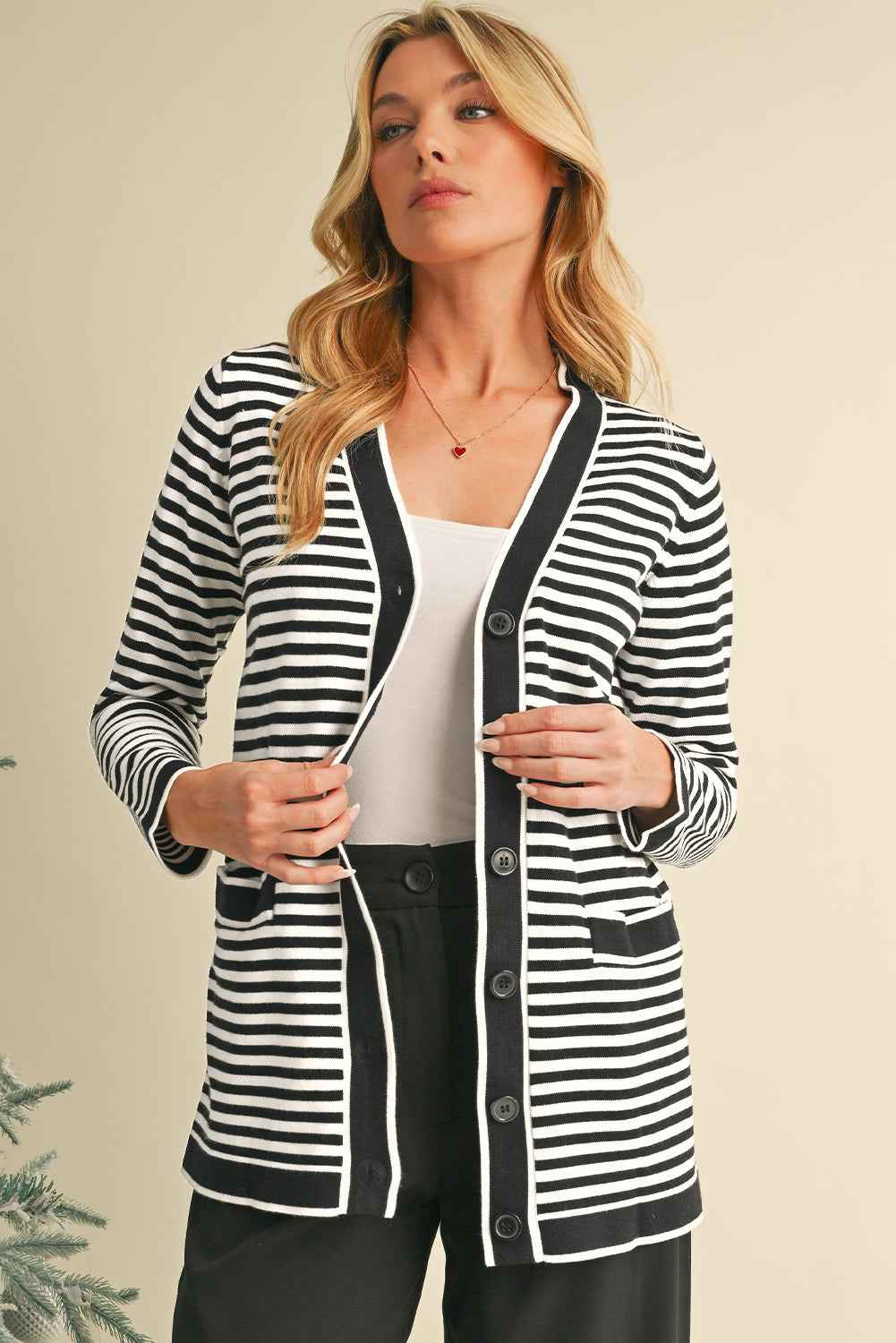 K.B. Shaws: Black Striped Pocketed Button Long Cardigan