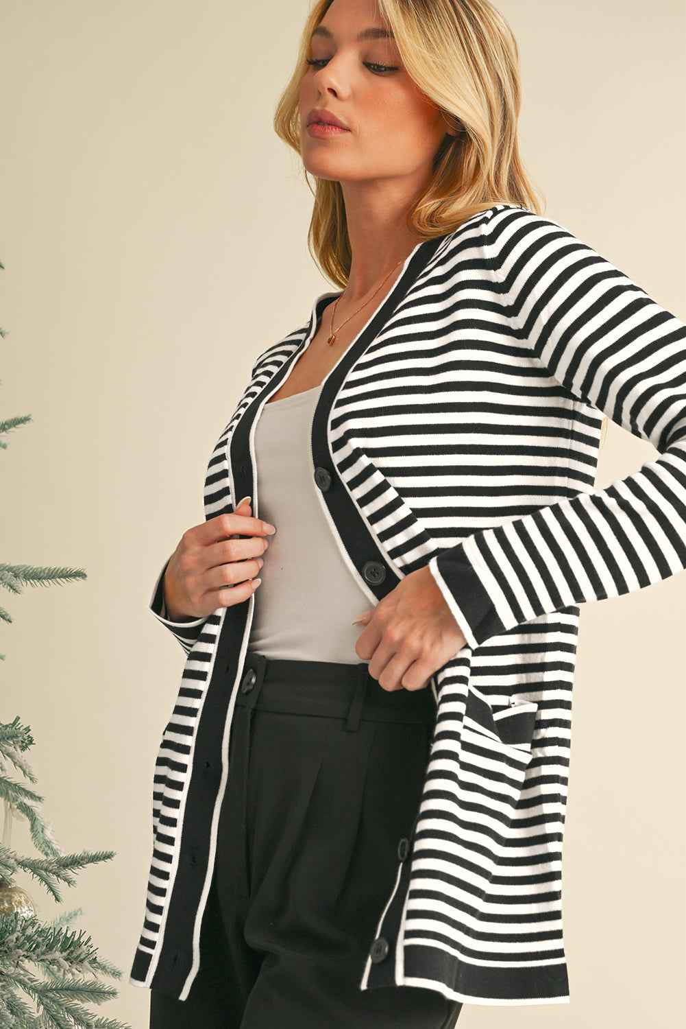 K.B. Shaws: Black Striped Pocketed Button Long Cardigan