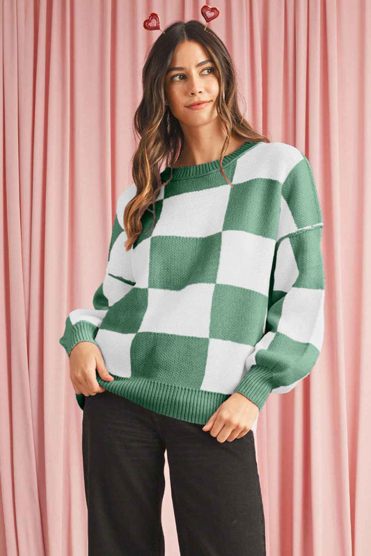 K.B. Shaws: Green Checkered Bishop Sleeve Pullover Sweater