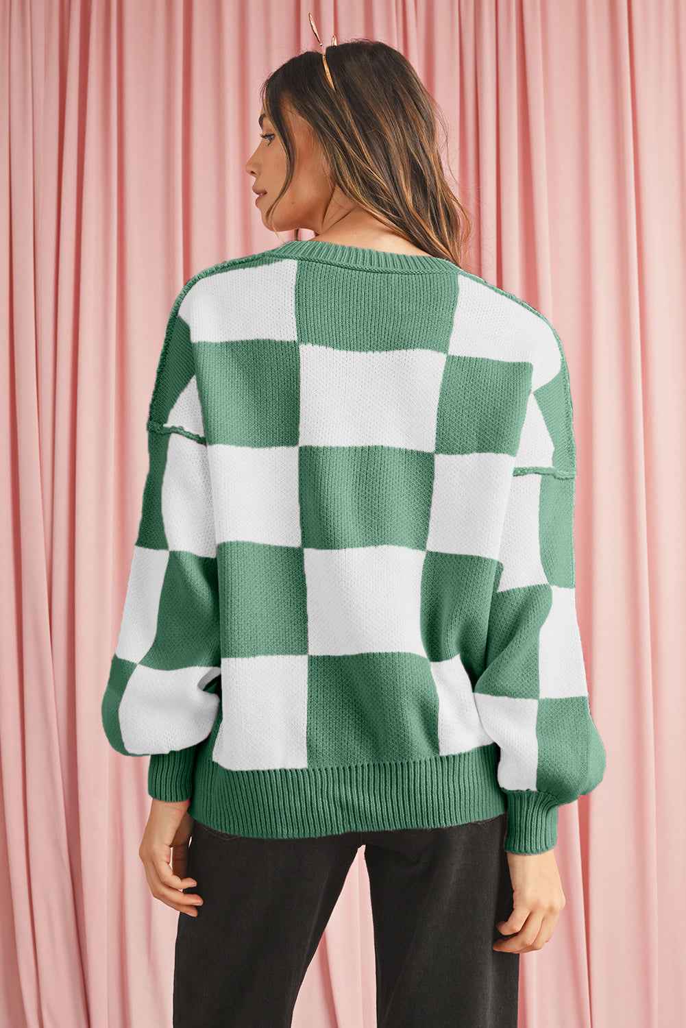 K.B. Shaws: Green Checkered Bishop Sleeve Pullover Sweater