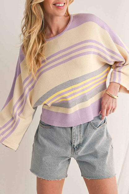 K.B. Shaws: Purple Striped Rib-Knit Cropped Top