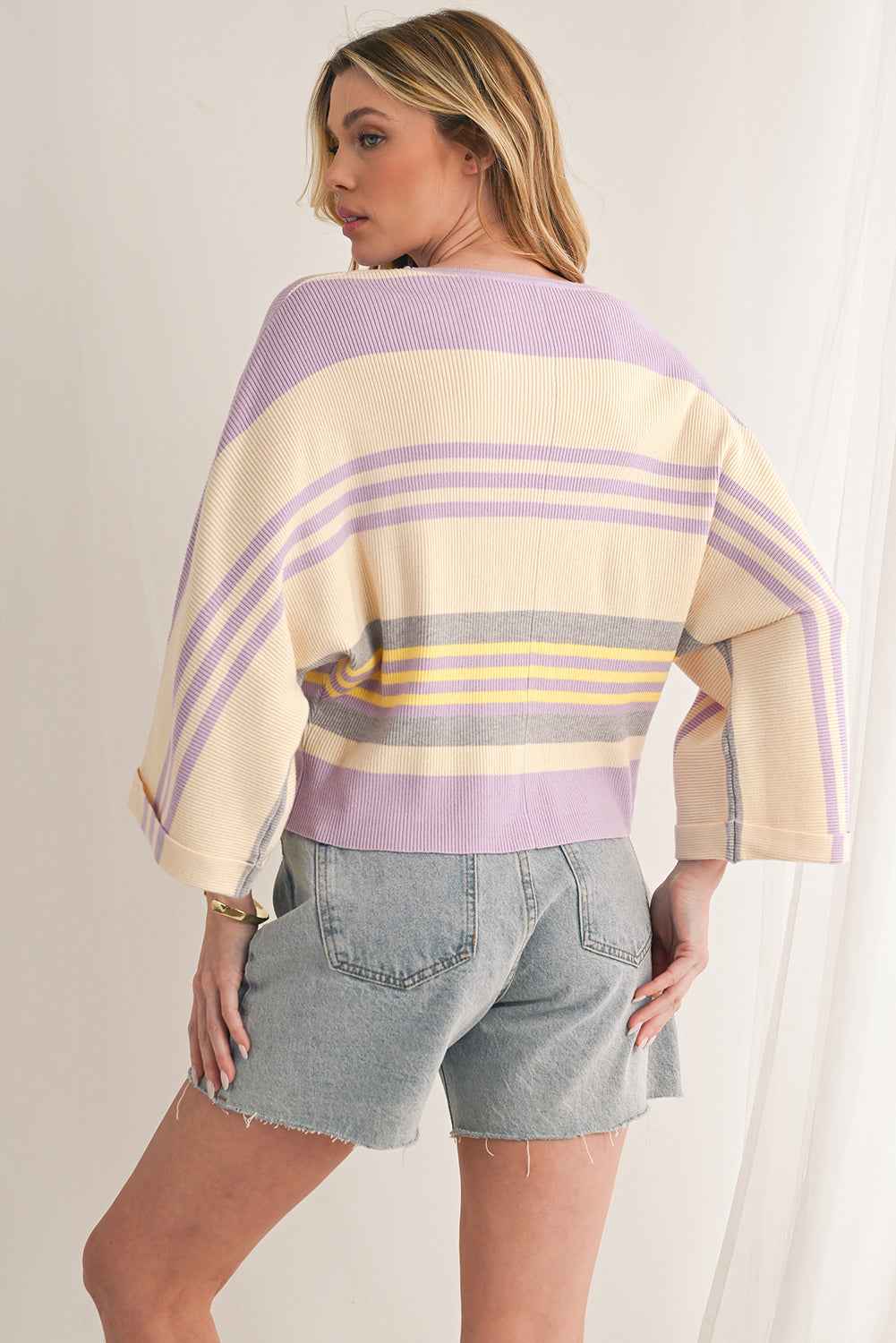 K.B. Shaws: Purple Striped Rib-Knit Cropped Top