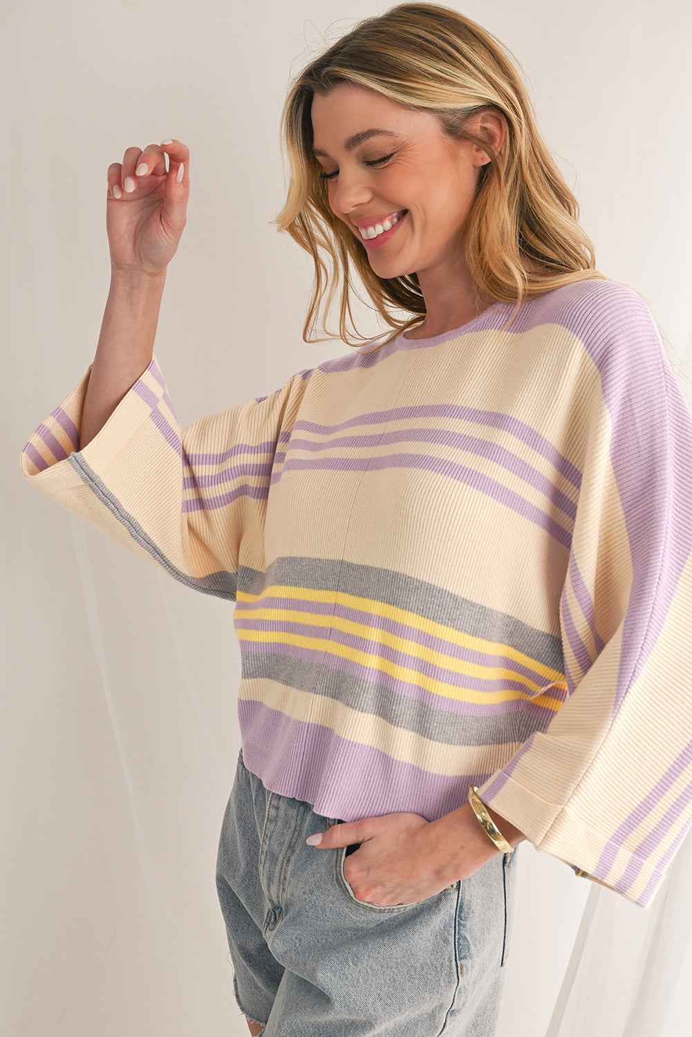 K.B. Shaws: Purple Striped Rib-Knit Cropped Top