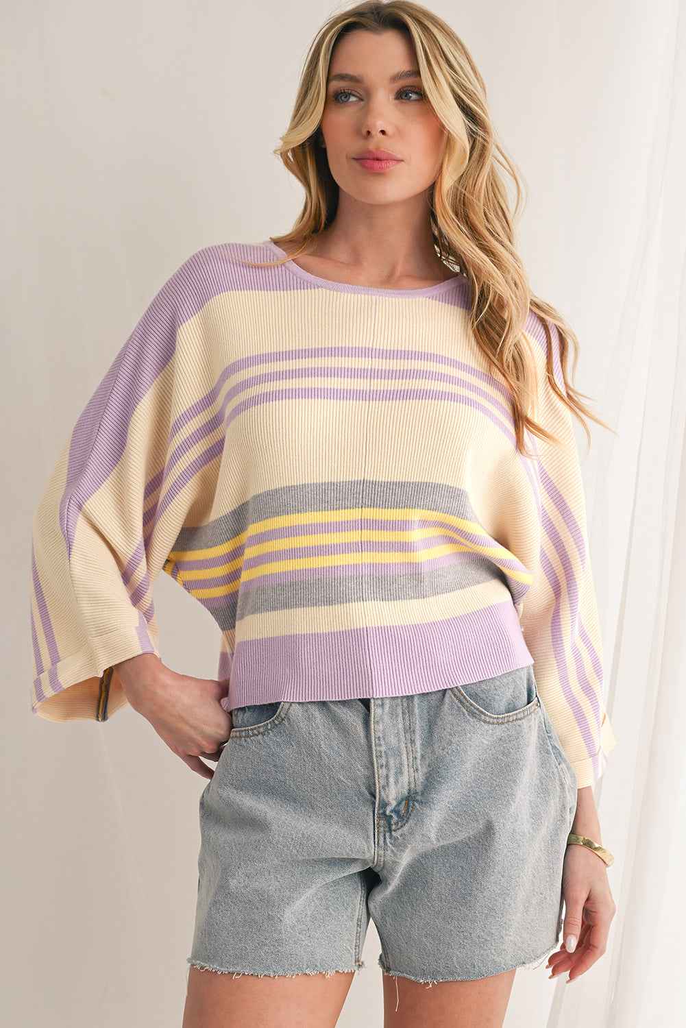 K.B. Shaws: Purple Striped Rib-Knit Cropped Top