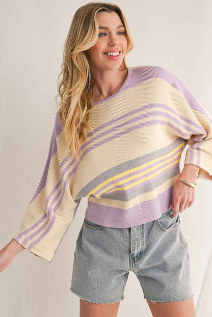 K.B. Shaws: Purple Striped Rib-Knit Cropped Top