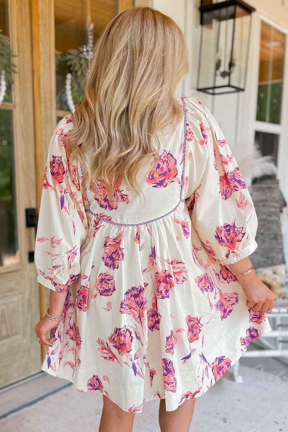 K.B. Shaws: Pink Floral Print Balloon Sleeve V Neck Mini Dress