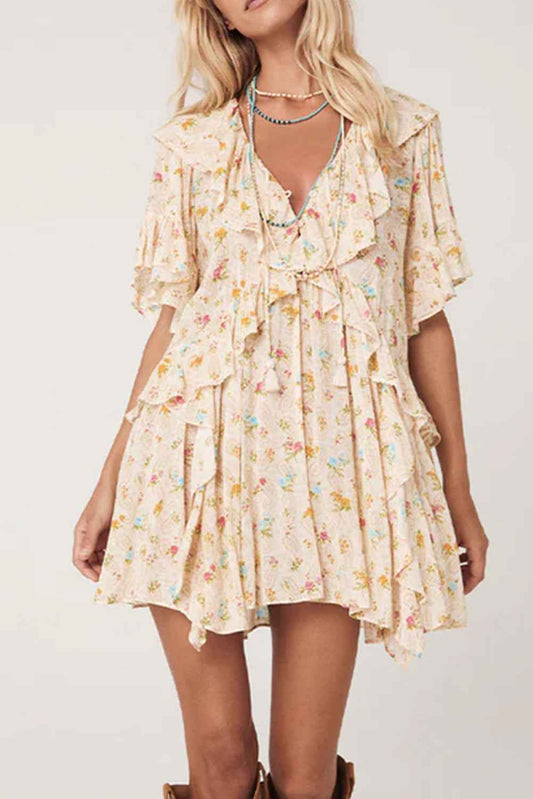 K.B. Shaws: Apricot Boho V Neck Floral Mini Dress with Tassels