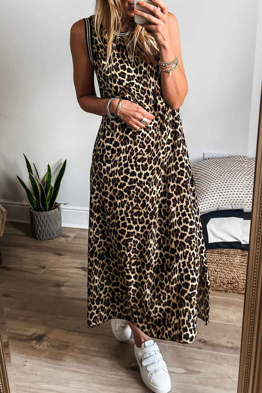 K.B. Shaws: Leopard Print Contrast Striped Trim Midi Dress