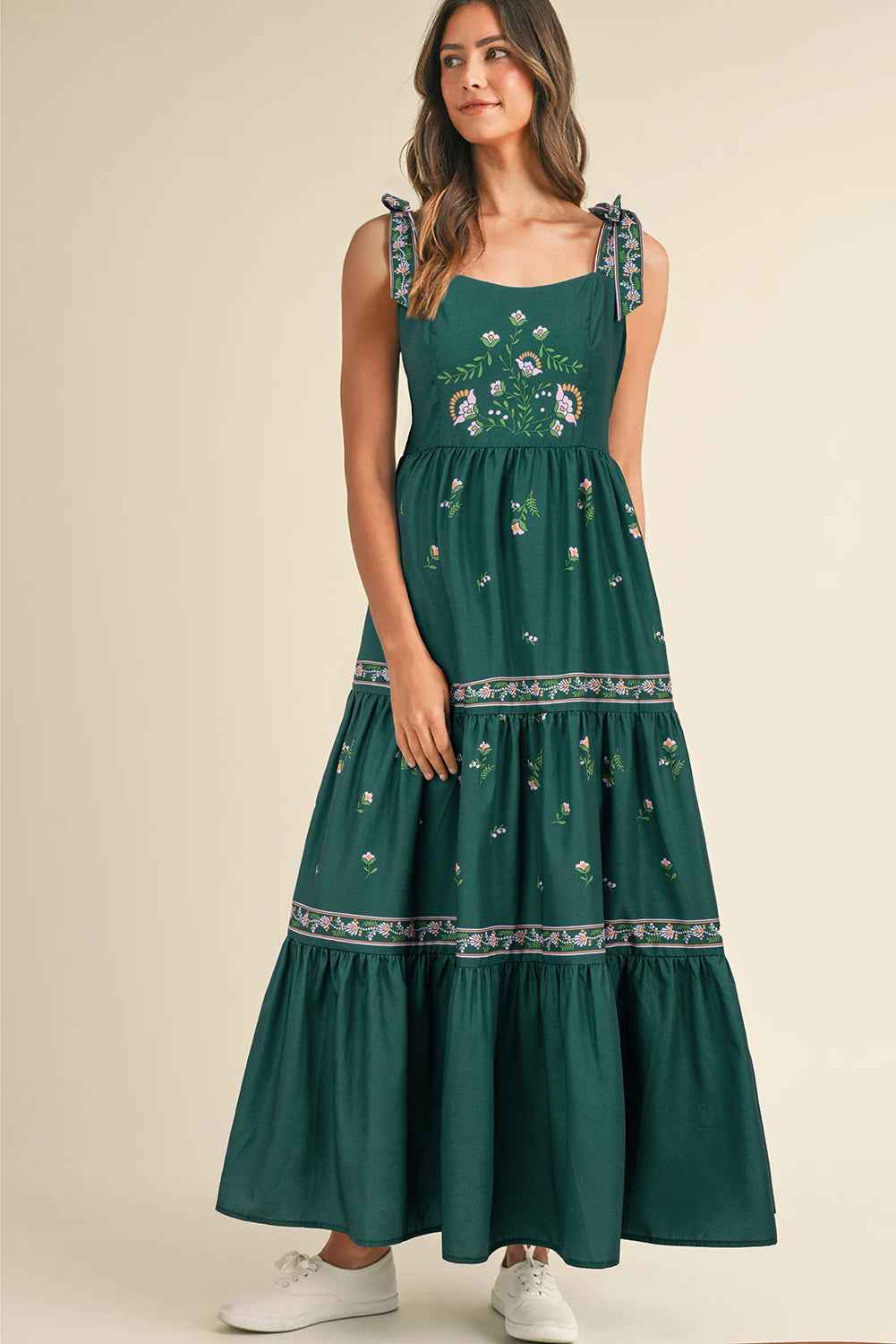 K.B. Shaws: Blackish Green Boho Floral Print Sleeveless Dress