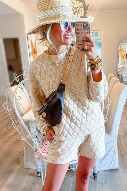 K.B. Shaws: Beige Quilted Long Sleeve Top and Shorts Set