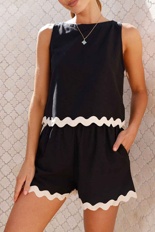 K.B. Shaws: Chic Black Ricrac Applique Top & Pocketed Shorts Set