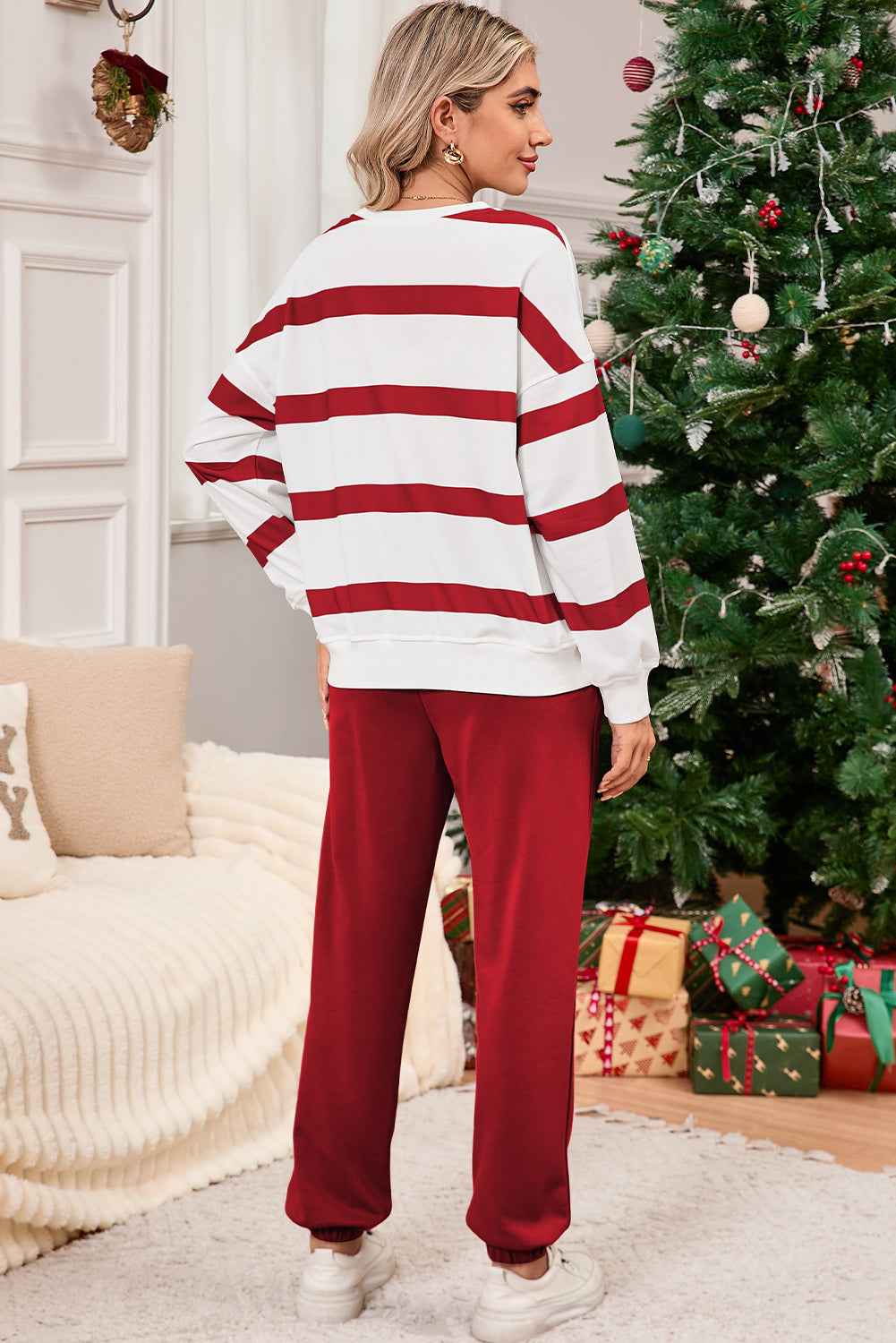 K.B. Shaws: Red Striped Drop Shoulder Pullover & Joggers Set