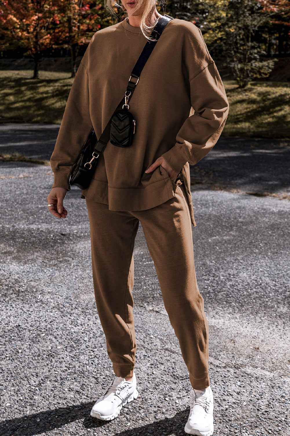 K.B. Shaws: Coffee Solid Color High Low Pullover and Pants Set