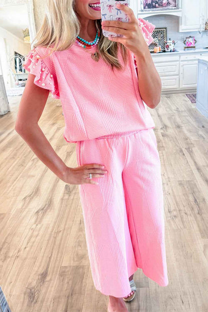 K.B. Shaws: Pink Pearl Ruffle Sleeve Two-Piece Set