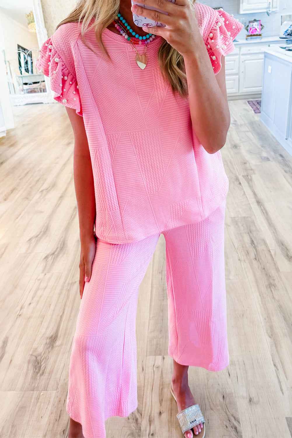 K.B. Shaws: Pink Pearl Ruffle Sleeve Two-Piece Set