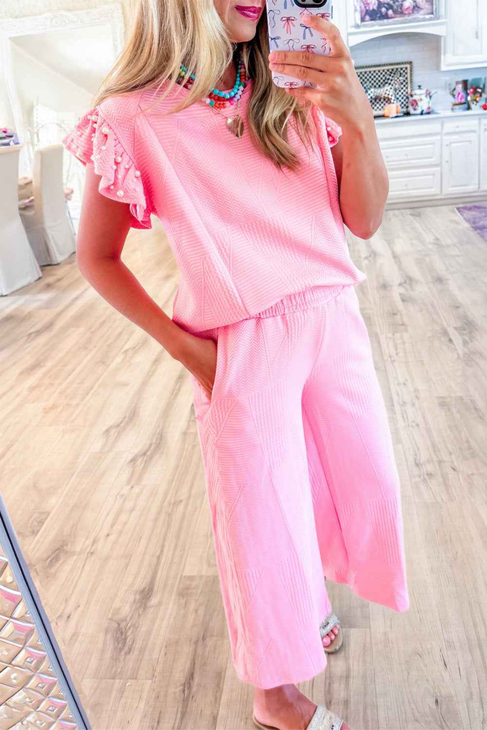 K.B. Shaws: Pink Pearl Ruffle Sleeve Two-Piece Set