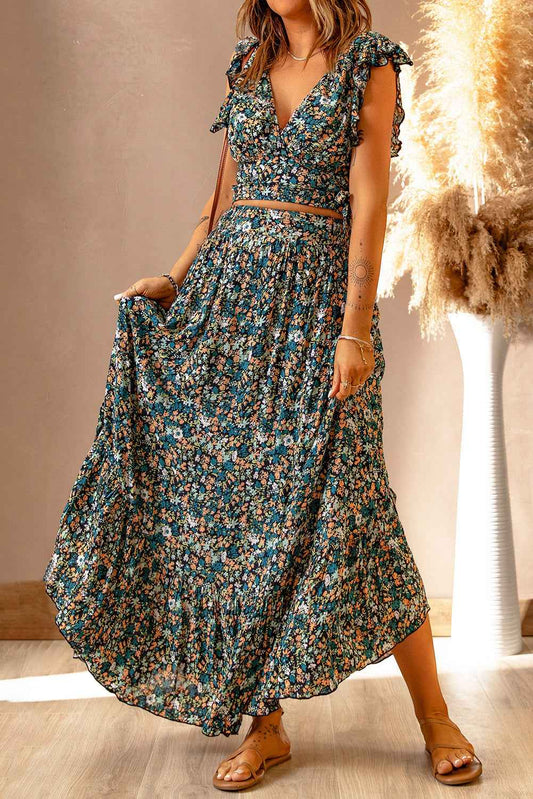 K.B. Shaws: Ditsy Floral Ruffled Crop Top & Flounce Hem Maxi Skirt Dress