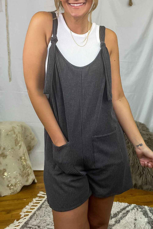 K.B. Shaws: Dark Grey Ribbed Striped Knotted Straps Romper with Pockets