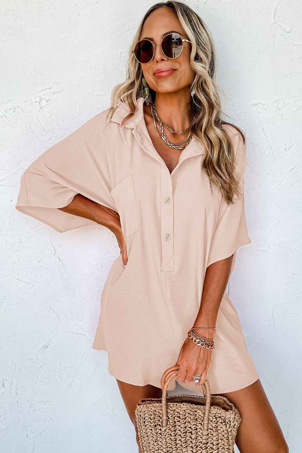 K.B. Shaws: Plain Half Button Collared Pocket Romper