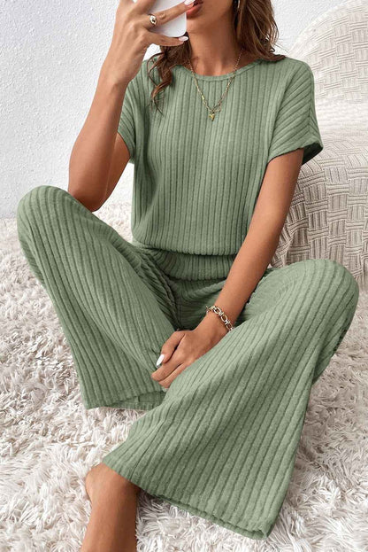 K.B. Shaws: Solid Color Ribbed Wide Leg Jumpsuit