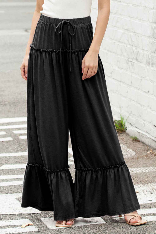 K.B. Shaws: Black Frill Detail Drawstring High Waist Wide Leg Pants