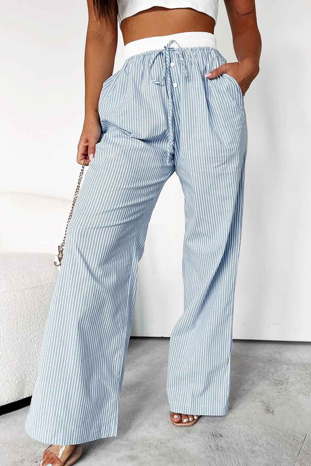 K.B. Shaws: Sky Blue Stripe Buttoned High Waist Wide Leg Pants