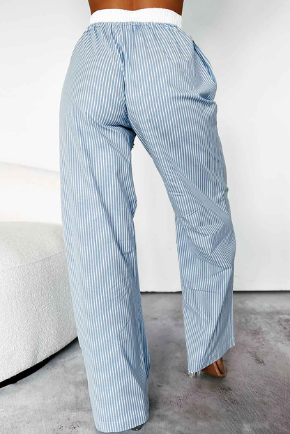 K.B. Shaws: Sky Blue Stripe Buttoned High Waist Wide Leg Pants