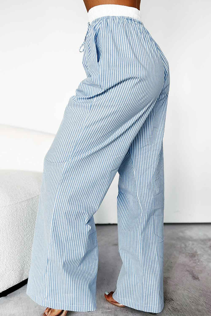 K.B. Shaws: Sky Blue Stripe Buttoned High Waist Wide Leg Pants