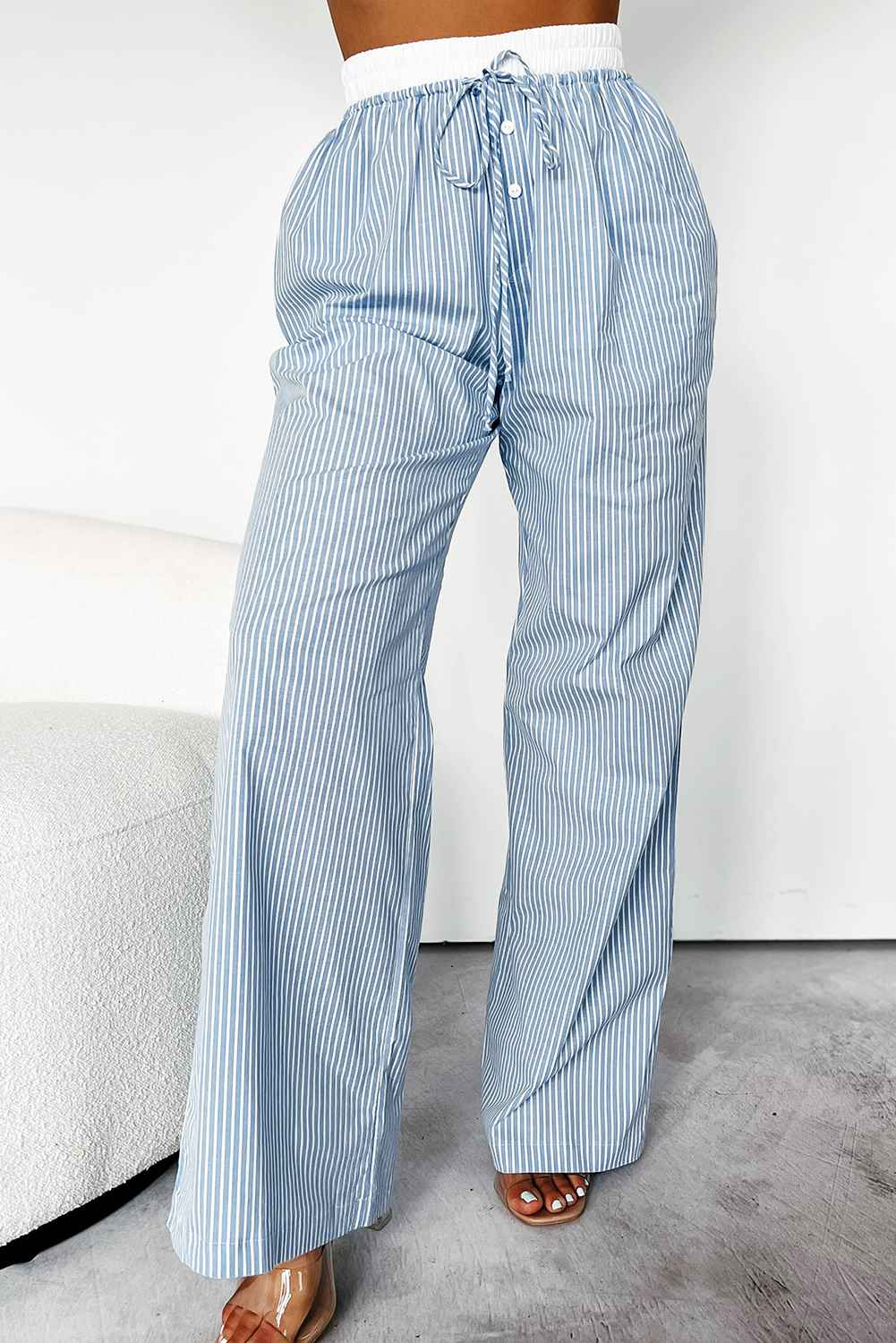 K.B. Shaws: Sky Blue Stripe Buttoned High Waist Wide Leg Pants