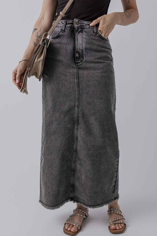 K.B. Shaws: Dark Grey Denim High Waist Back Split Long Skirt