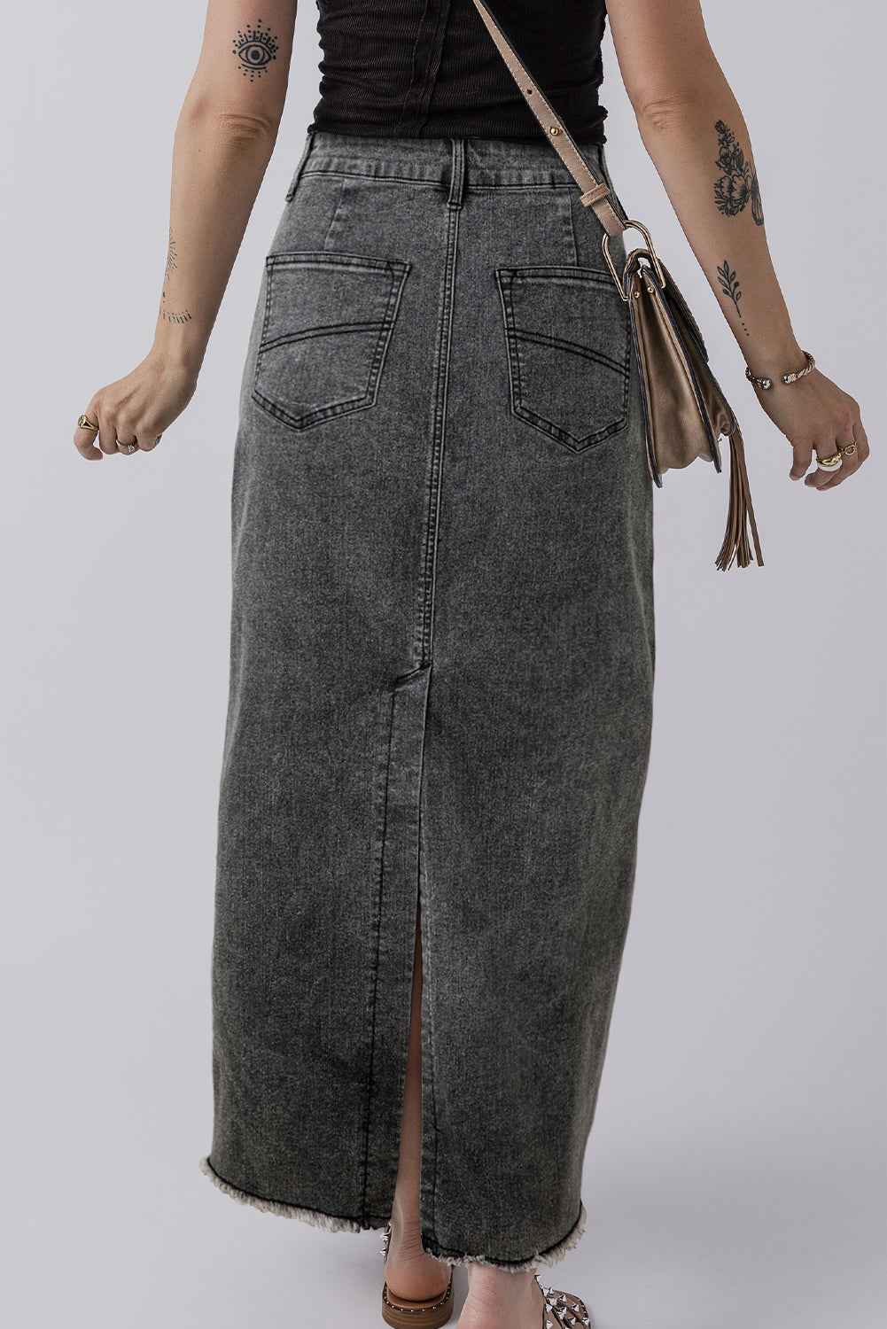 K.B. Shaws: Dark Grey Denim High Waist Back Split Long Skirt