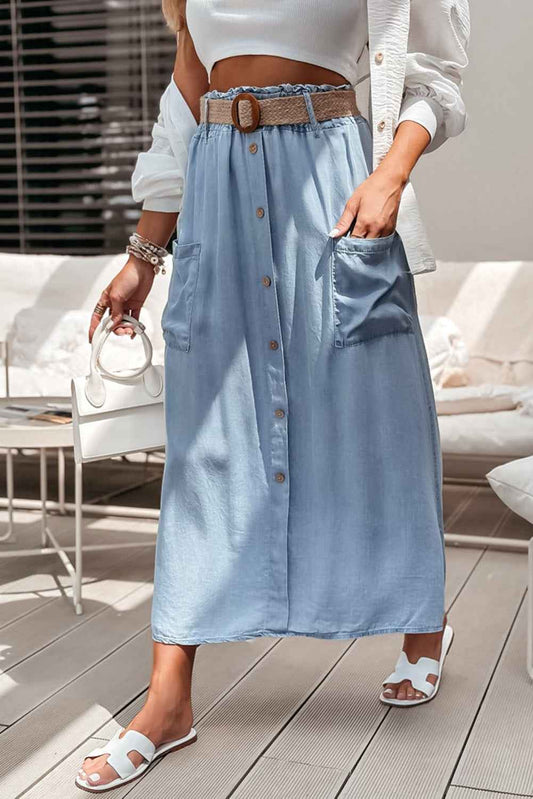 K.B. Shaws: Beau Blue High Waist Denim Maxi Skirt with Pockets