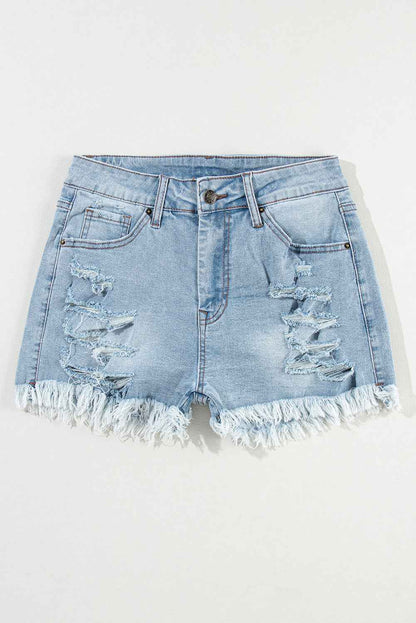 K.B. Shaws: Light Blue Distressed High Waist Denim Shorts