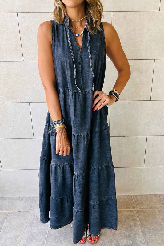 K.B. Shaws: Real Teal Sleeveless Tiered Chambray Maxi Dress