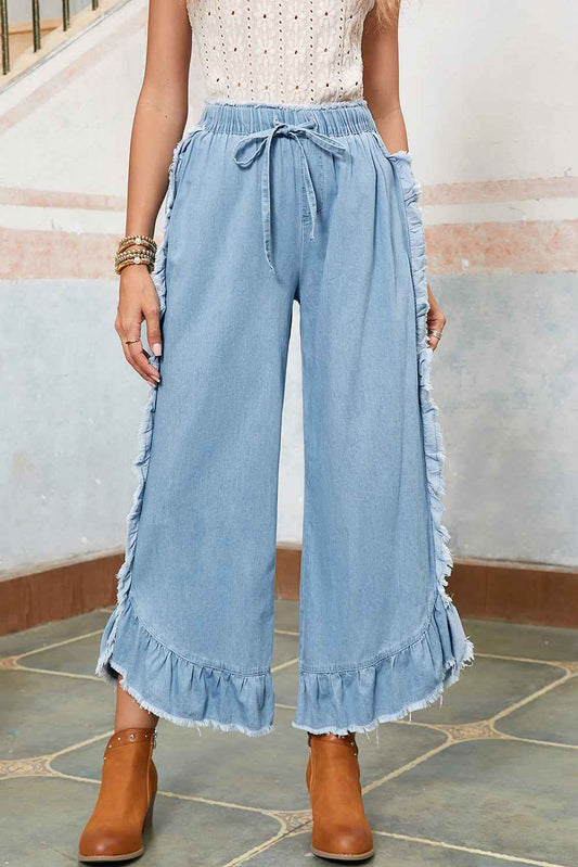 K.B. Shaws: Myosotis Light Wash Ruffle Wide Leg Jeans