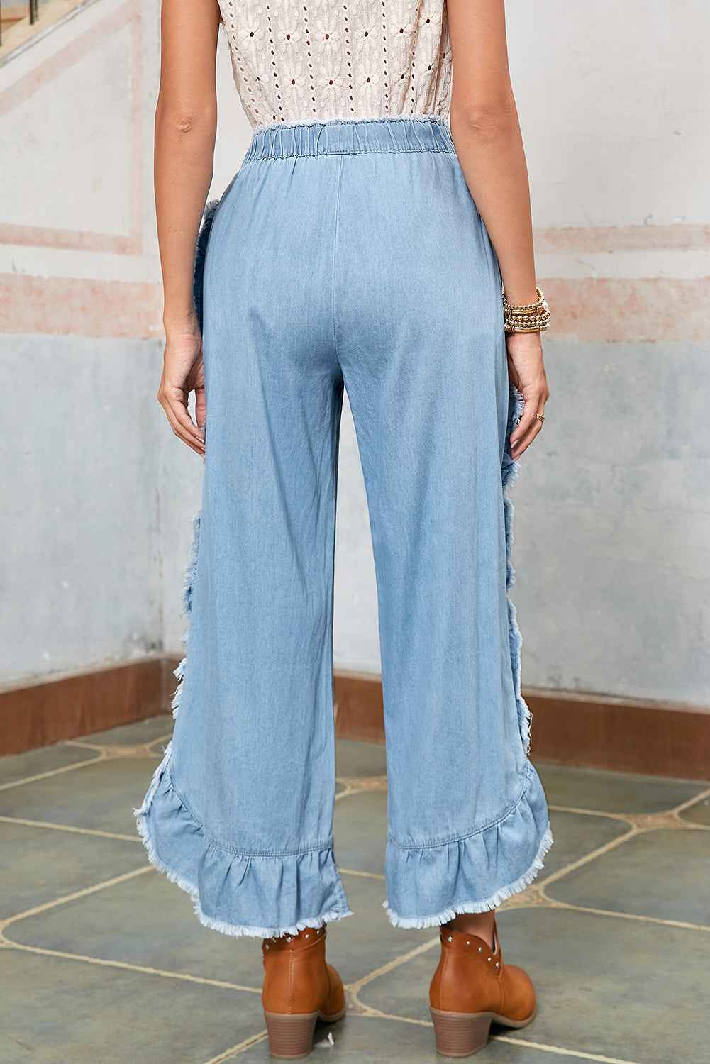 K.B. Shaws: Myosotis Light Wash Ruffle Wide Leg Jeans