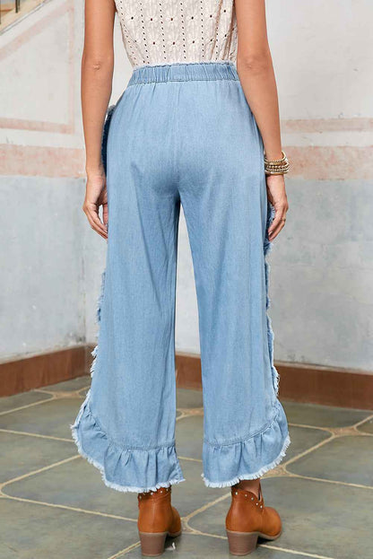 K.B. Shaws: Myosotis Light Wash Ruffle Wide Leg Jeans