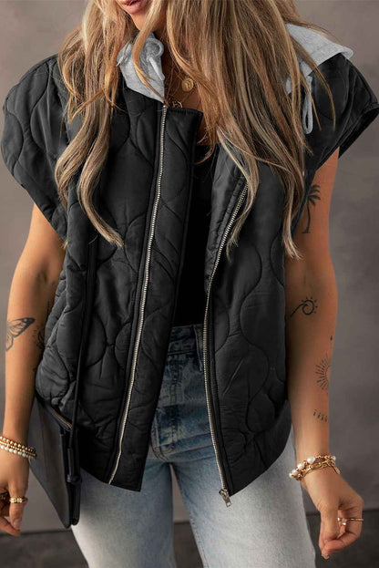 K.B. Shaws: Black Quilted Hooded Zip Up Puffer Vest