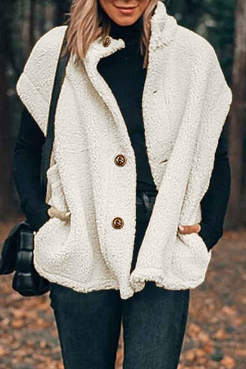 K.B. Shaws: Beige Sherpa Cap Sleeve Stand Collar Vest Coat