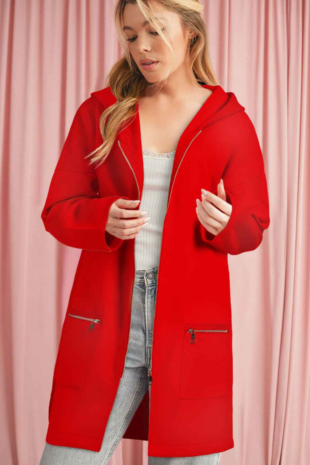 K.B. Shaws: Fiery Red Casual Zipper Hooded Jacket