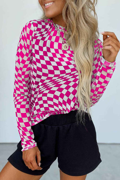 K.B. Shaws: Black Checkered Mesh Long Sleeve Top