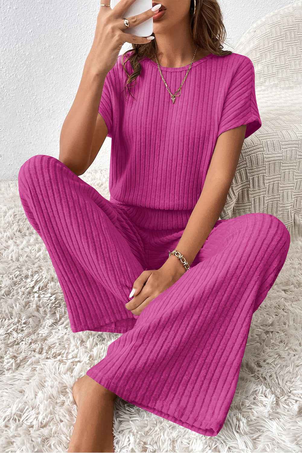 K.B. Shaws: Solid Color Ribbed Wide Leg Jumpsuit