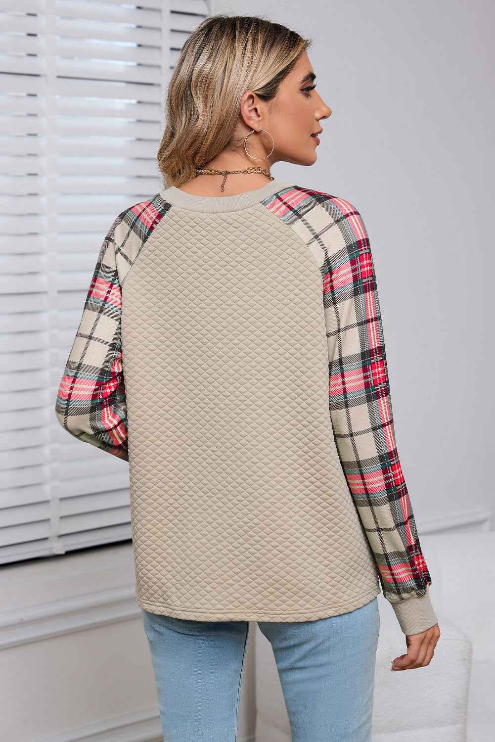 K.B. Shaws: Chic Apricot Plaid Print Quilted Sweatshirt