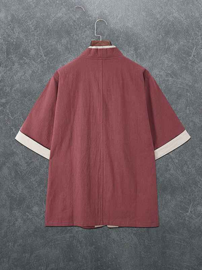 Men's casual solid color disc button casual linen T-shirt